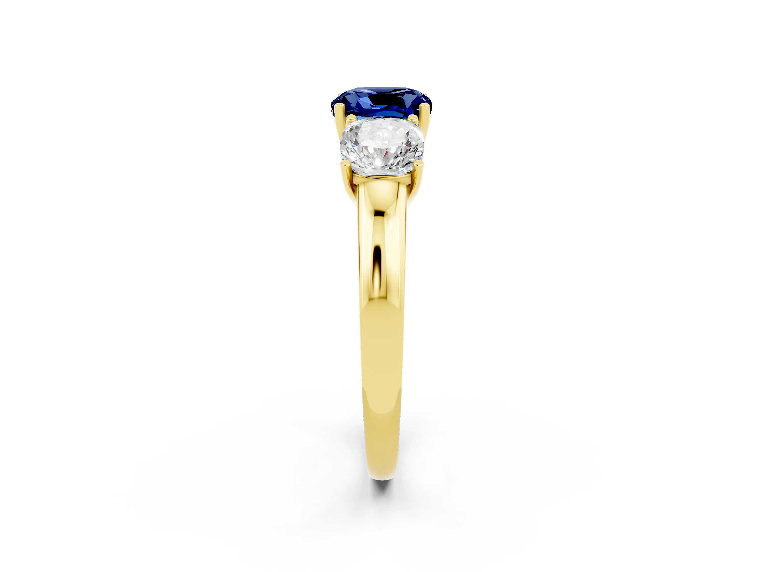 Yellow gold Cushion Cut Blue Sapphire Three-Stone Ring with Four-Prong Setting and Classic Band_2