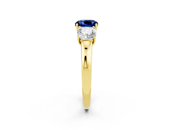 Yellow gold Cushion Cut Blue Sapphire Three-Stone Ring with Four-Prong Setting and Classic Band