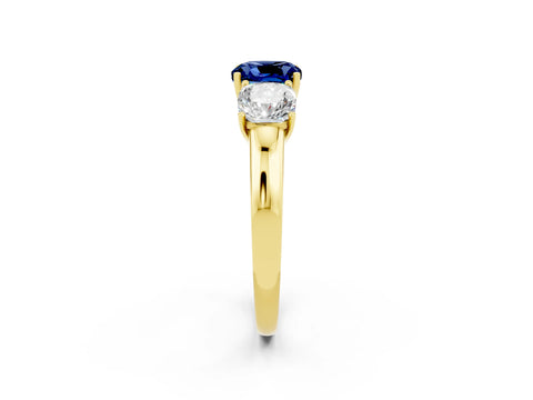 Yellow gold Cushion Cut Blue Sapphire Three-Stone Ring with Four-Prong Setting and Classic Band_2