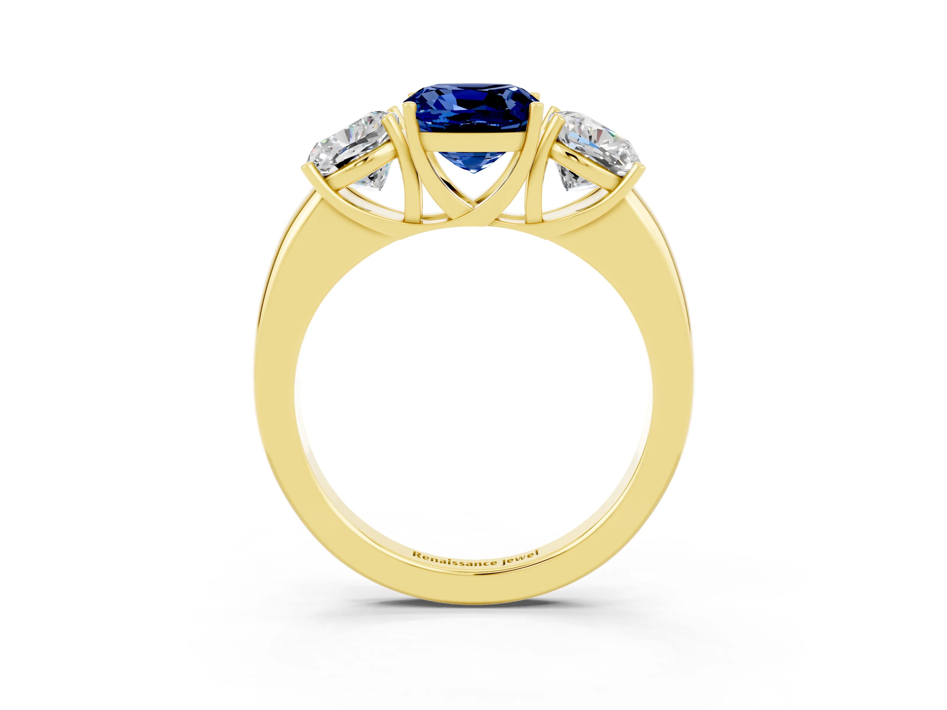 Yellow gold Cushion Cut Blue Sapphire Three-Stone Ring with Four-Prong Setting and Classic Band_3
