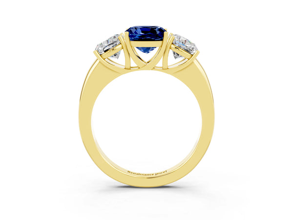 Yellow gold Cushion Cut Blue Sapphire Three-Stone Ring with Four-Prong Setting and Classic Band