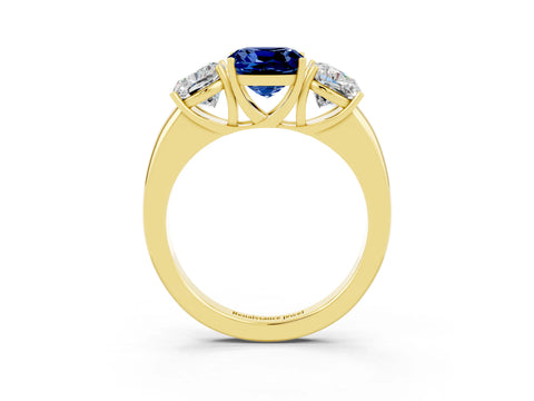 Yellow gold Cushion Cut Blue Sapphire Three-Stone Ring with Four-Prong Setting and Classic Band_3