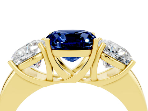 Yellow gold Cushion Cut Blue Sapphire Three-Stone Ring with Four-Prong Setting and Classic Band_4