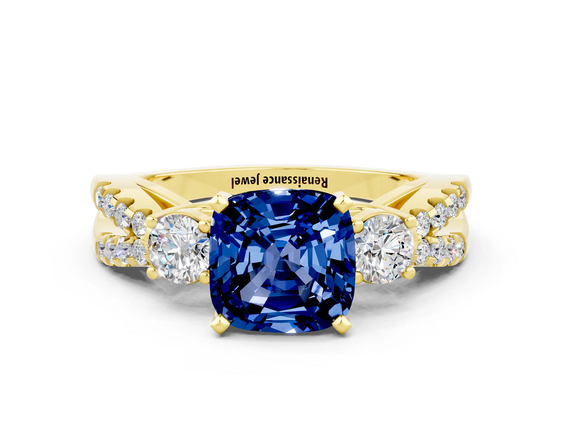 Yellow gold Cushion Cut Blue Sapphire Three-Stone Ring with Pavé Split Shank and Four-Prong Setting_12