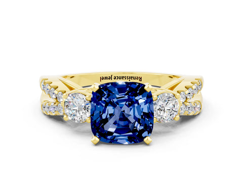 Yellow gold Cushion Cut Blue Sapphire Three-Stone Ring with Pavé Split Shank and Four-Prong Setting_12