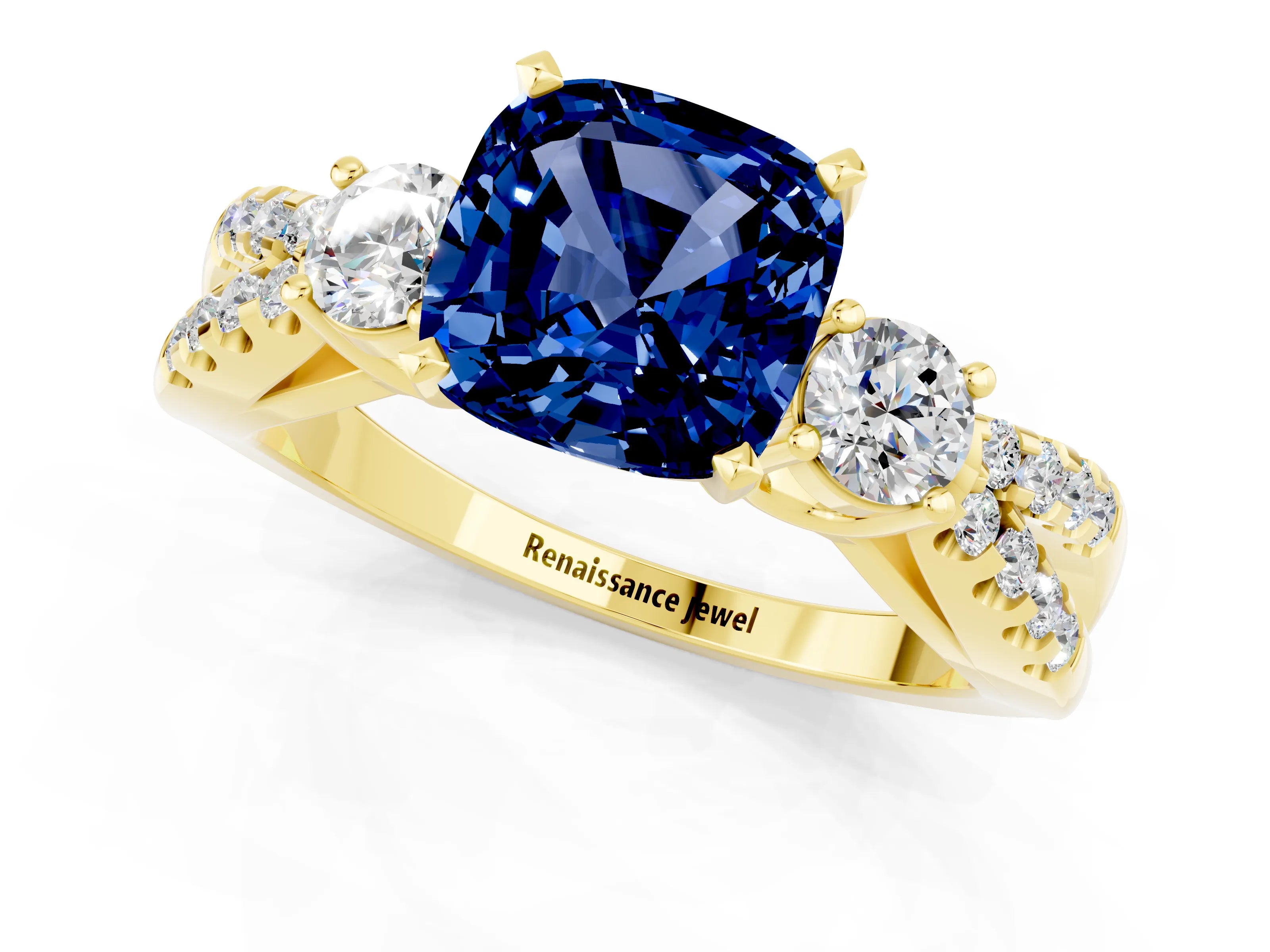 Yellow gold Cushion Cut Blue Sapphire Three-Stone Ring with Pavé Split Shank and Four-Prong Setting_13