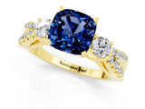 Yellow gold Cushion Cut Blue Sapphire Three-Stone Ring with Pavé Split Shank and Four-Prong Setting_13