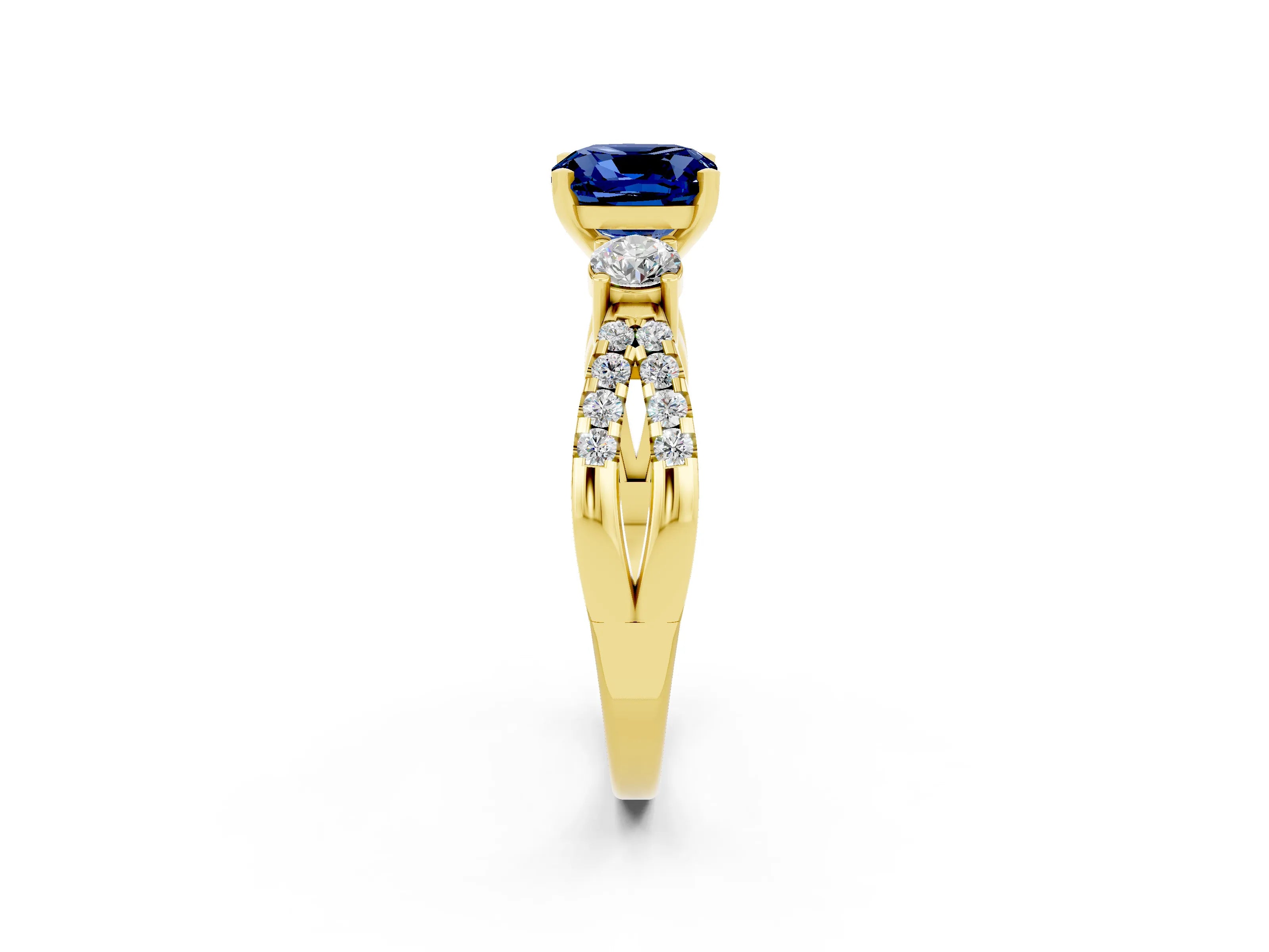 Yellow gold Cushion Cut Blue Sapphire Three-Stone Ring with Pavé Split Shank and Four-Prong Setting_14