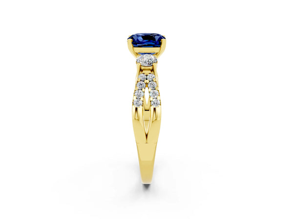Yellow gold Cushion Cut Blue Sapphire Three-Stone Ring with Pavé Split Shank and Four-Prong Setting