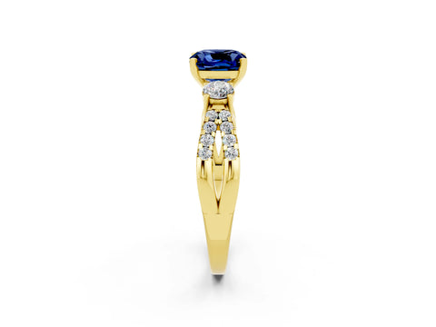 Yellow gold Cushion Cut Blue Sapphire Three-Stone Ring with Pavé Split Shank and Four-Prong Setting_14