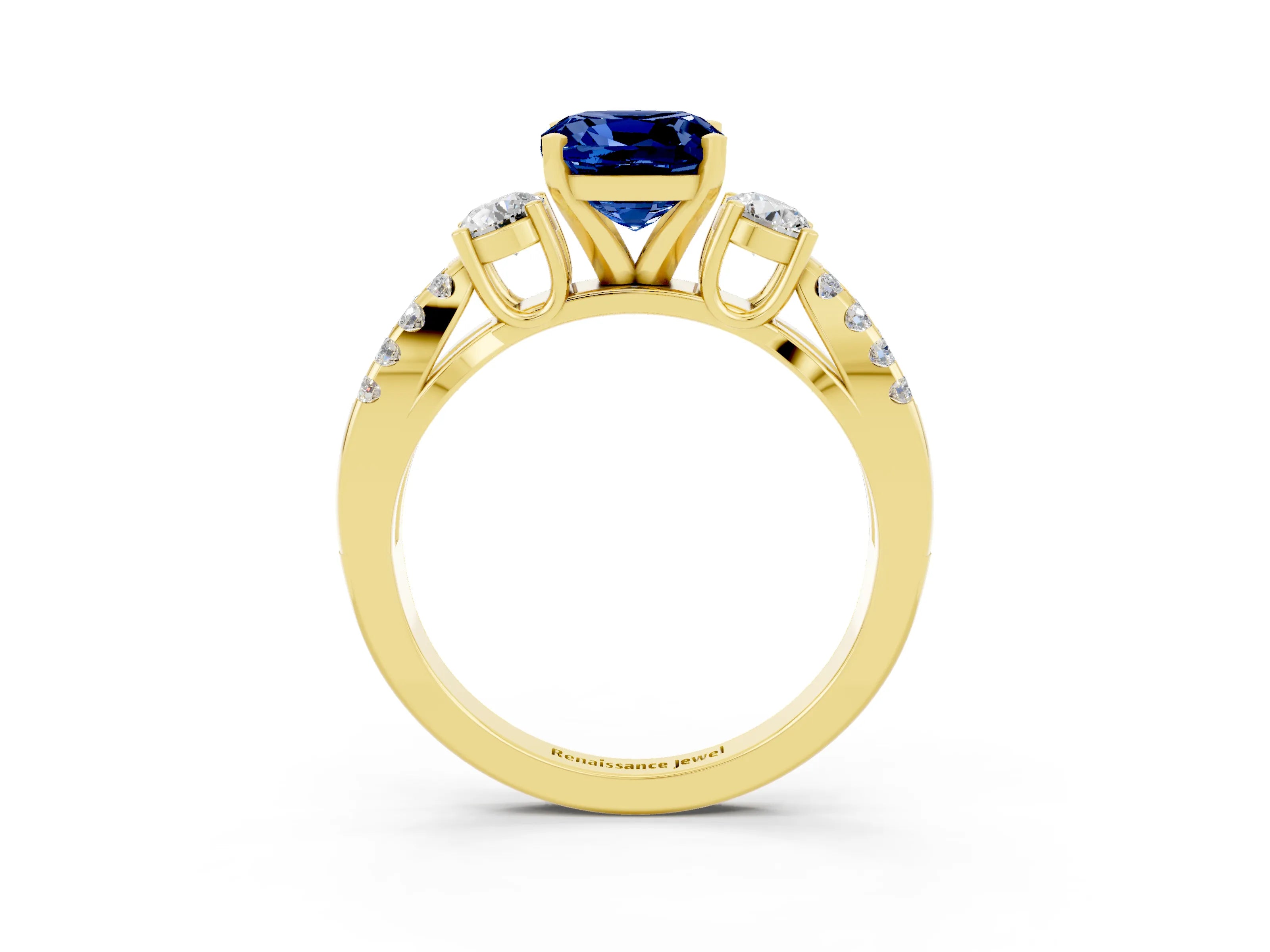 Yellow gold Cushion Cut Blue Sapphire Three-Stone Ring with Pavé Split Shank and Four-Prong Setting_15