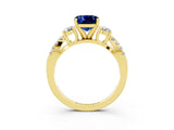 Yellow gold Cushion Cut Blue Sapphire Three-Stone Ring with Pavé Split Shank and Four-Prong Setting_15