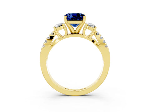 Yellow gold Cushion Cut Blue Sapphire Three-Stone Ring with Pavé Split Shank and Four-Prong Setting_15