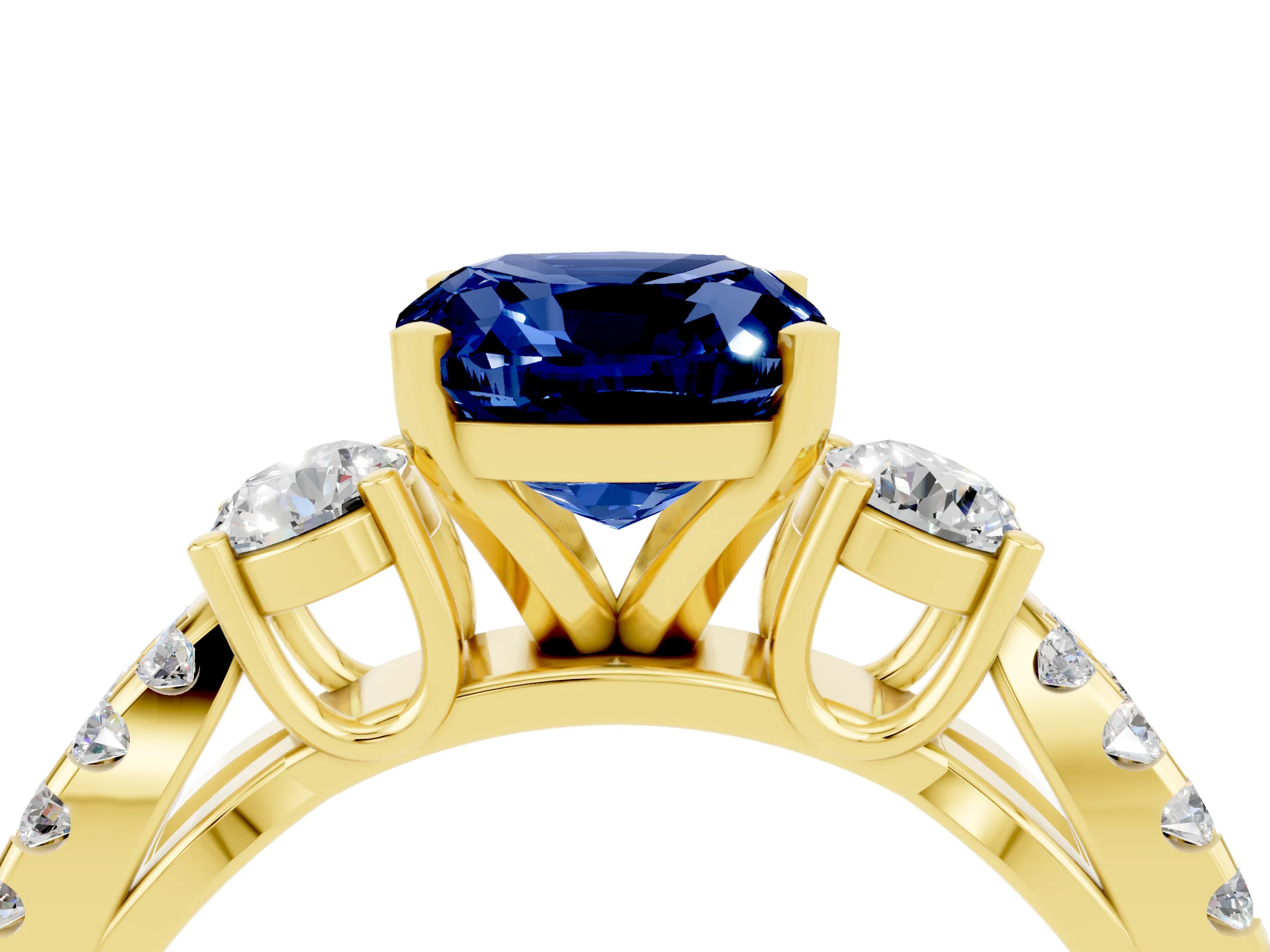Yellow gold Cushion Cut Blue Sapphire Three-Stone Ring with Pavé Split Shank and Four-Prong Setting_16