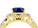 Yellow gold Cushion Cut Blue Sapphire Three-Stone Ring with Pavé Split Shank and Four-Prong Setting_16