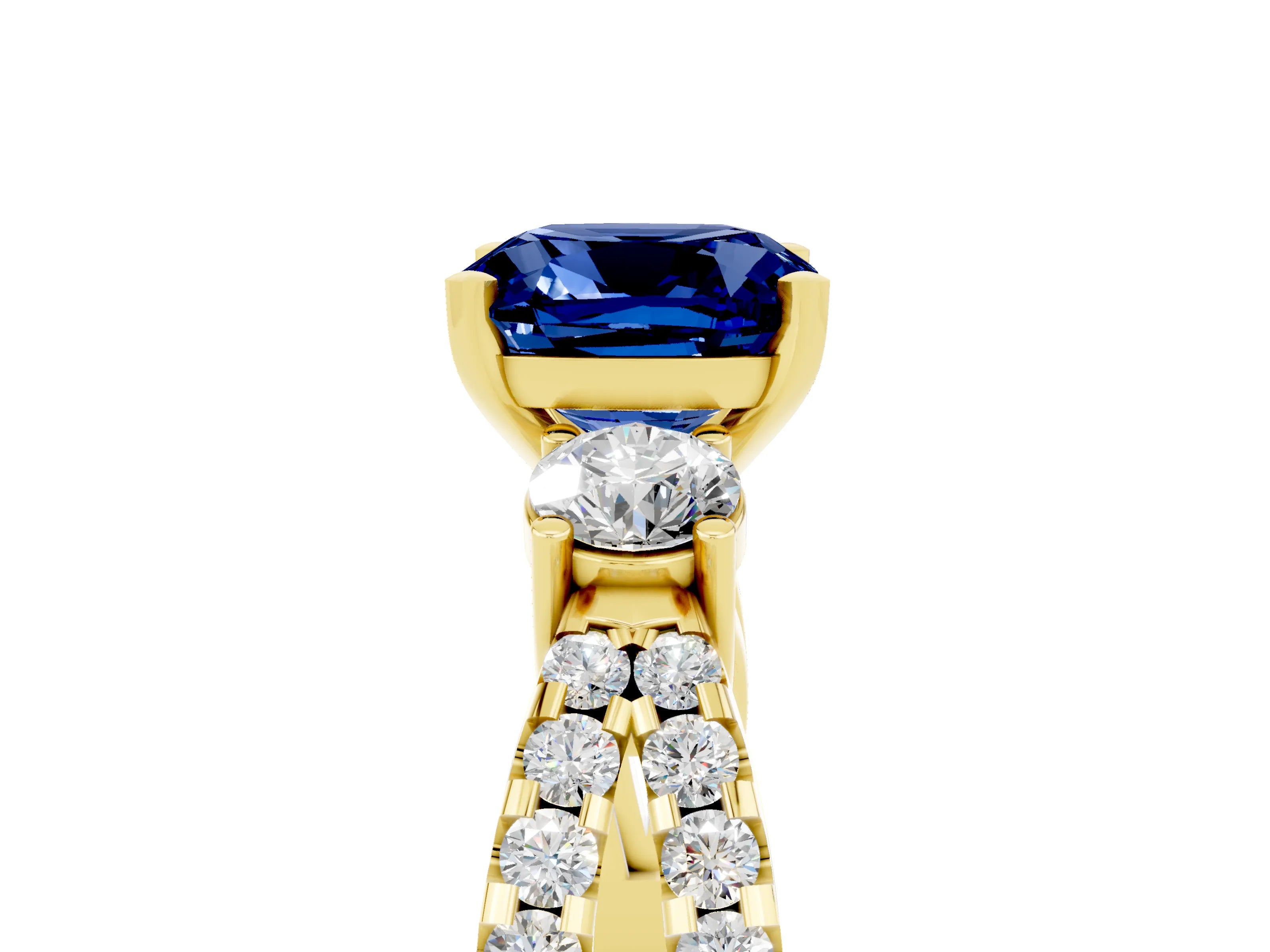 Yellow gold Cushion Cut Blue Sapphire Three-Stone Ring with Pavé Split Shank and Four-Prong Setting_17