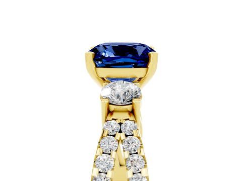 Yellow gold Cushion Cut Blue Sapphire Three-Stone Ring with Pavé Split Shank and Four-Prong Setting_17