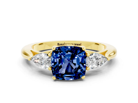 Yellow gold Cushion Cut Blue Sapphire Three-Stone Ring with Pear Side Stones and Four-Prong Setting_12