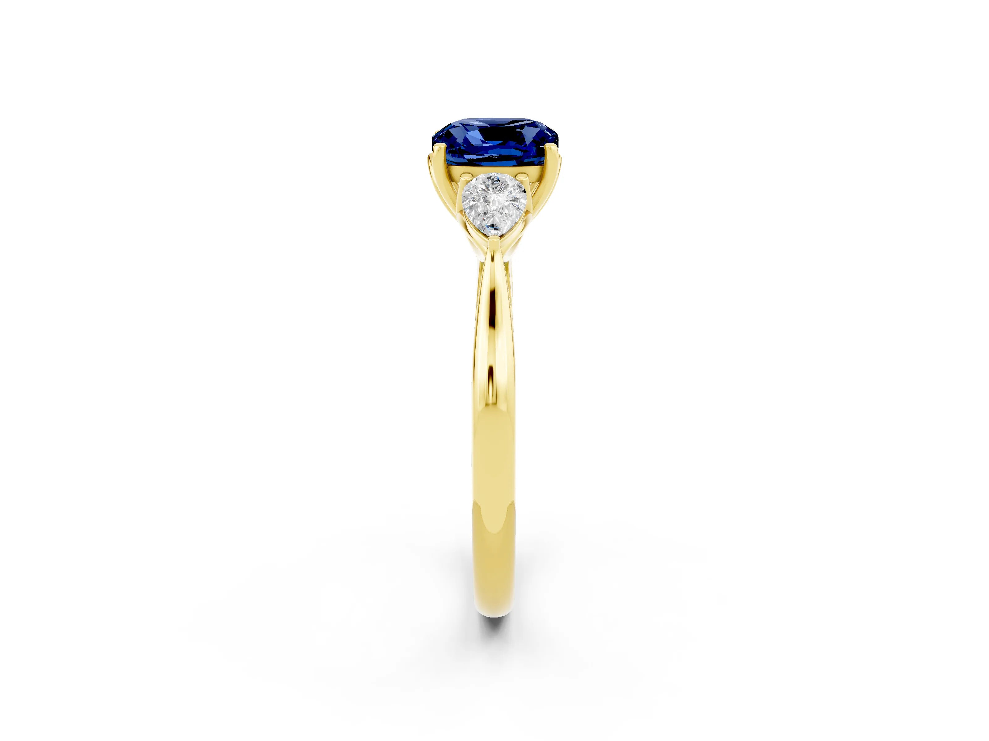 Yellow gold Cushion Cut Blue Sapphire Three-Stone Ring with Pear Side Stones and Four-Prong Setting_14