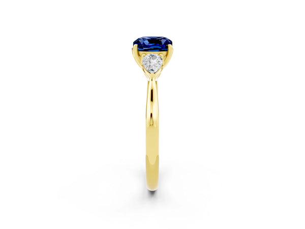 Yellow gold Cushion Cut Blue Sapphire Three-Stone Ring with Pear  Side Stones and Prong Setting