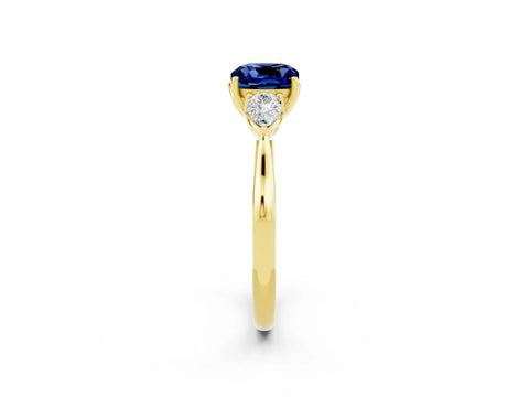 Yellow gold Cushion Cut Blue Sapphire Three-Stone Ring with Pear Side Stones and Four-Prong Setting_14