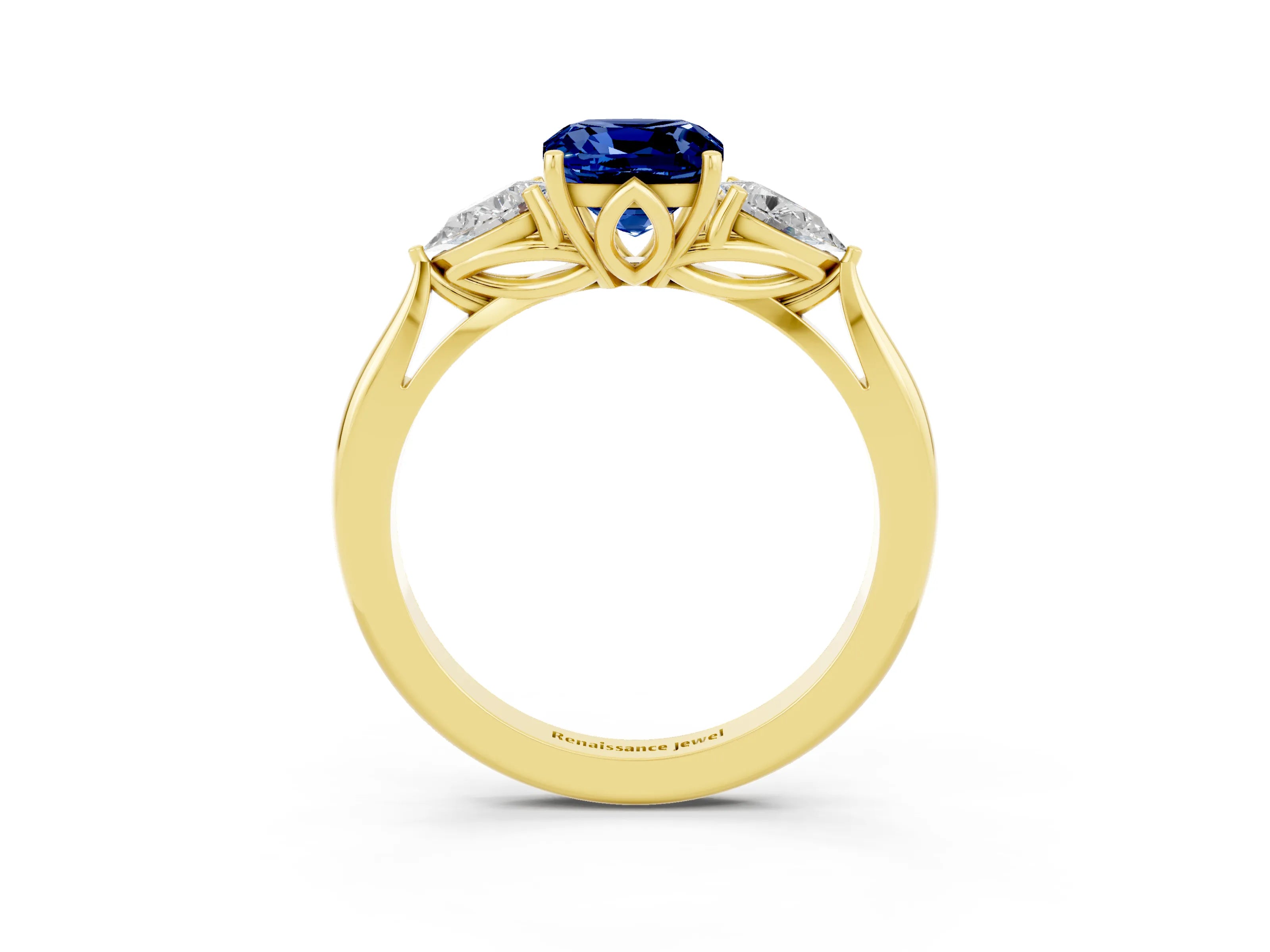 Yellow gold Cushion Cut Blue Sapphire Three-Stone Ring with Pear Side Stones and Four-Prong Setting_15