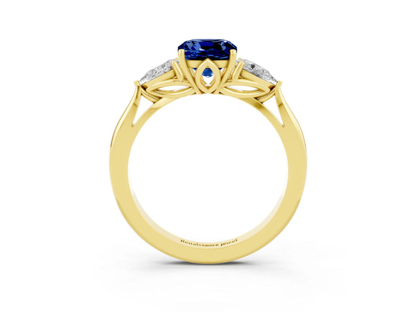 Yellow gold Cushion Cut Blue Sapphire Three-Stone Ring with Pear  Side Stones and Prong Setting