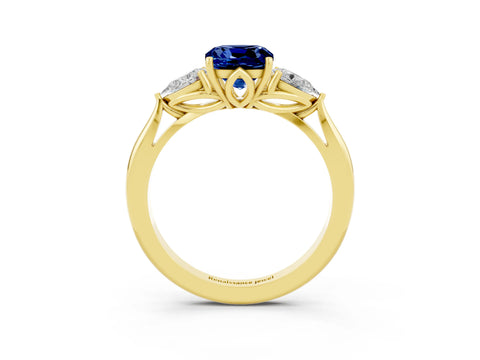 Yellow gold Cushion Cut Blue Sapphire Three-Stone Ring with Pear Side Stones and Four-Prong Setting_15