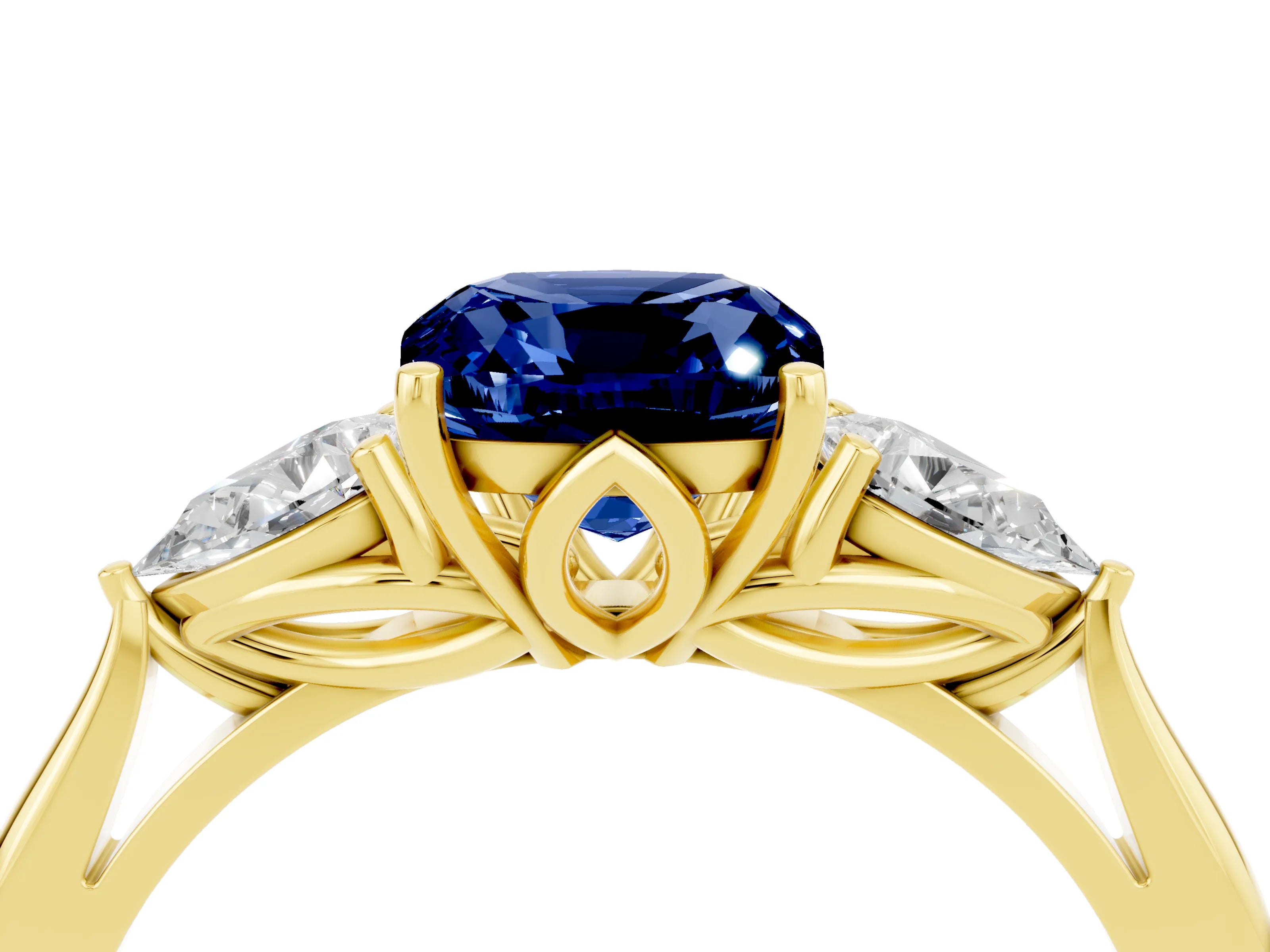 Yellow gold Cushion Cut Blue Sapphire Three-Stone Ring with Pear Side Stones and Four-Prong Setting_16