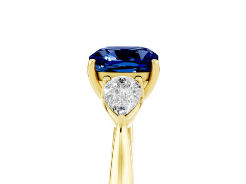 Yellow gold Cushion Cut Blue Sapphire Three-Stone Ring with Pear Side Stones and Four-Prong Setting_17