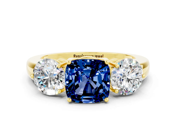 Yellow gold Cushion Cut Blue Sapphire Three-Stone Ring with Prong Setting and Classic Band