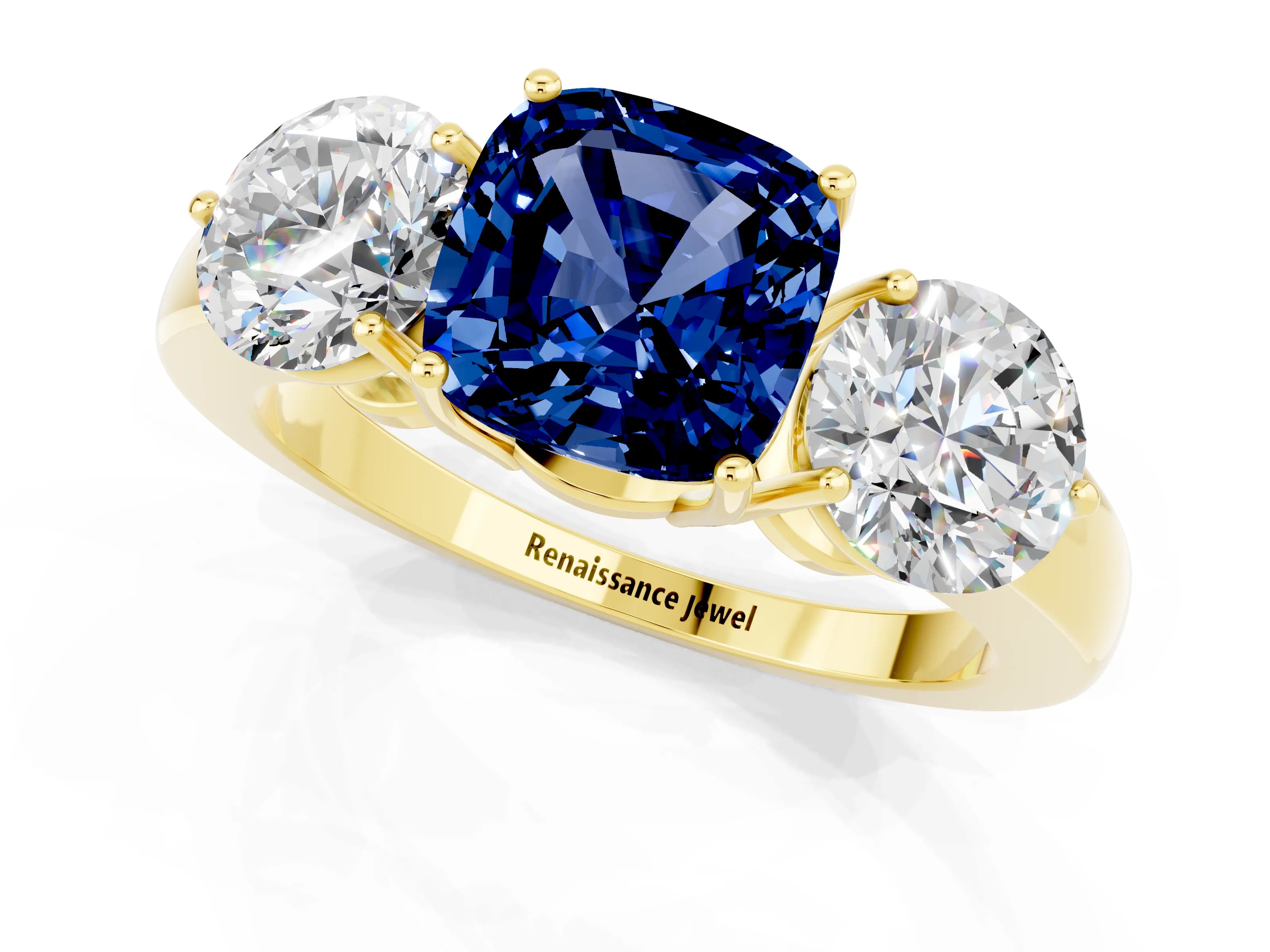 Yellow gold Cushion Cut Blue Sapphire Three-Stone Ring with Prong Setting and Classic Band_1