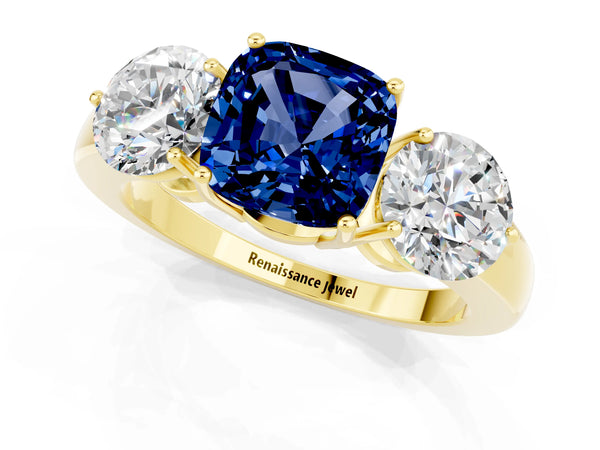 Yellow gold Cushion Cut Blue Sapphire Three-Stone Ring with Prong Setting and Classic Band