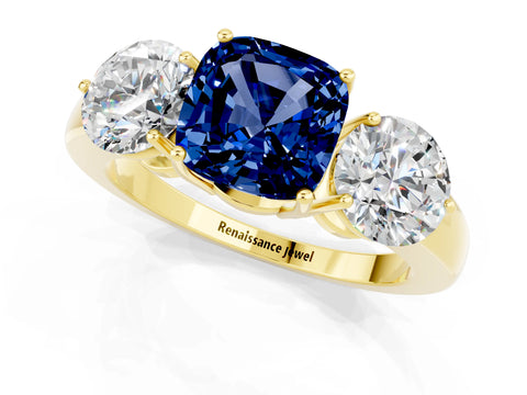 Yellow gold Cushion Cut Blue Sapphire Three-Stone Ring with Prong Setting and Classic Band_1