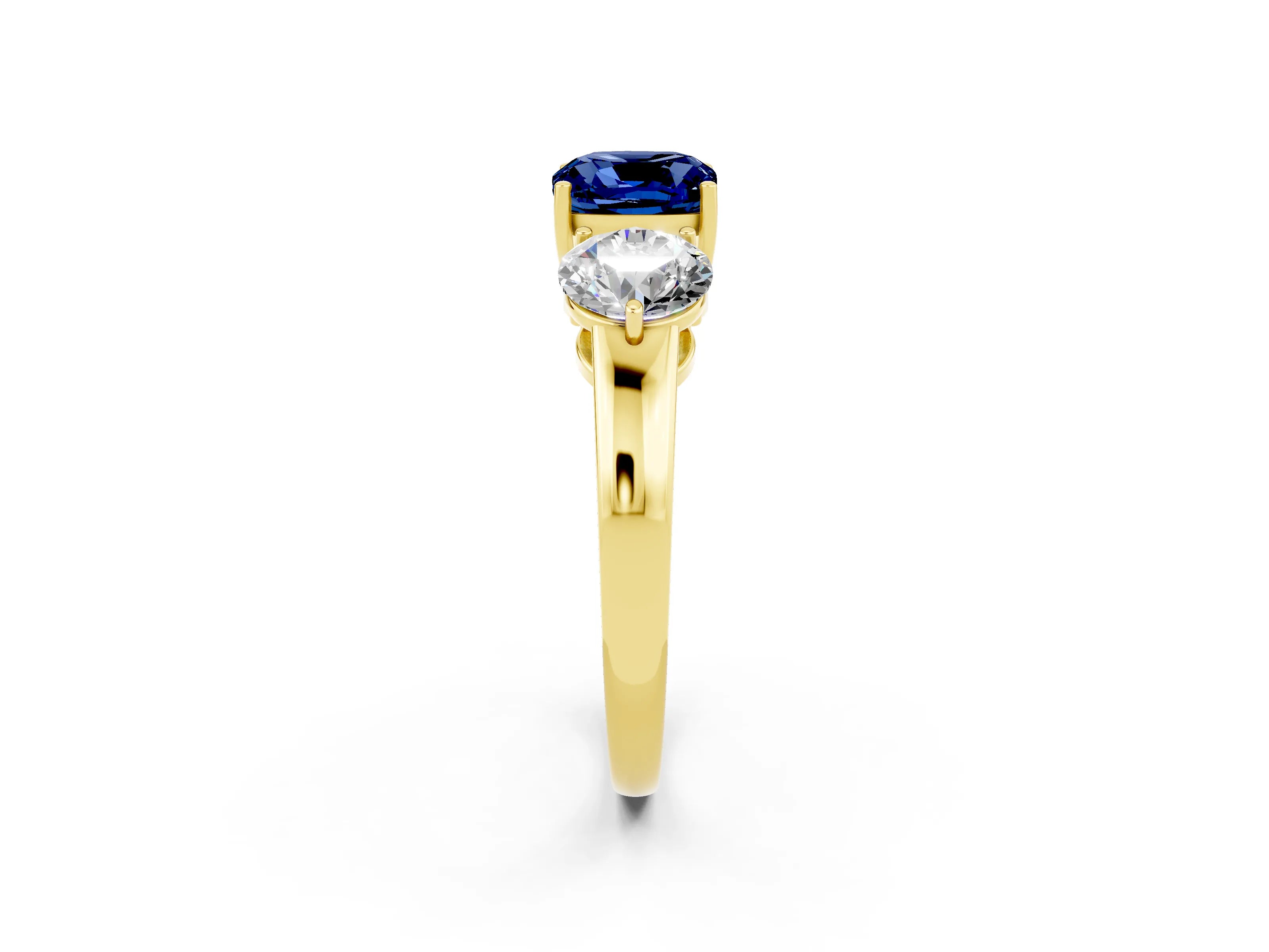 Yellow gold Cushion Cut Blue Sapphire Three-Stone Ring with Prong Setting and Classic Band_2