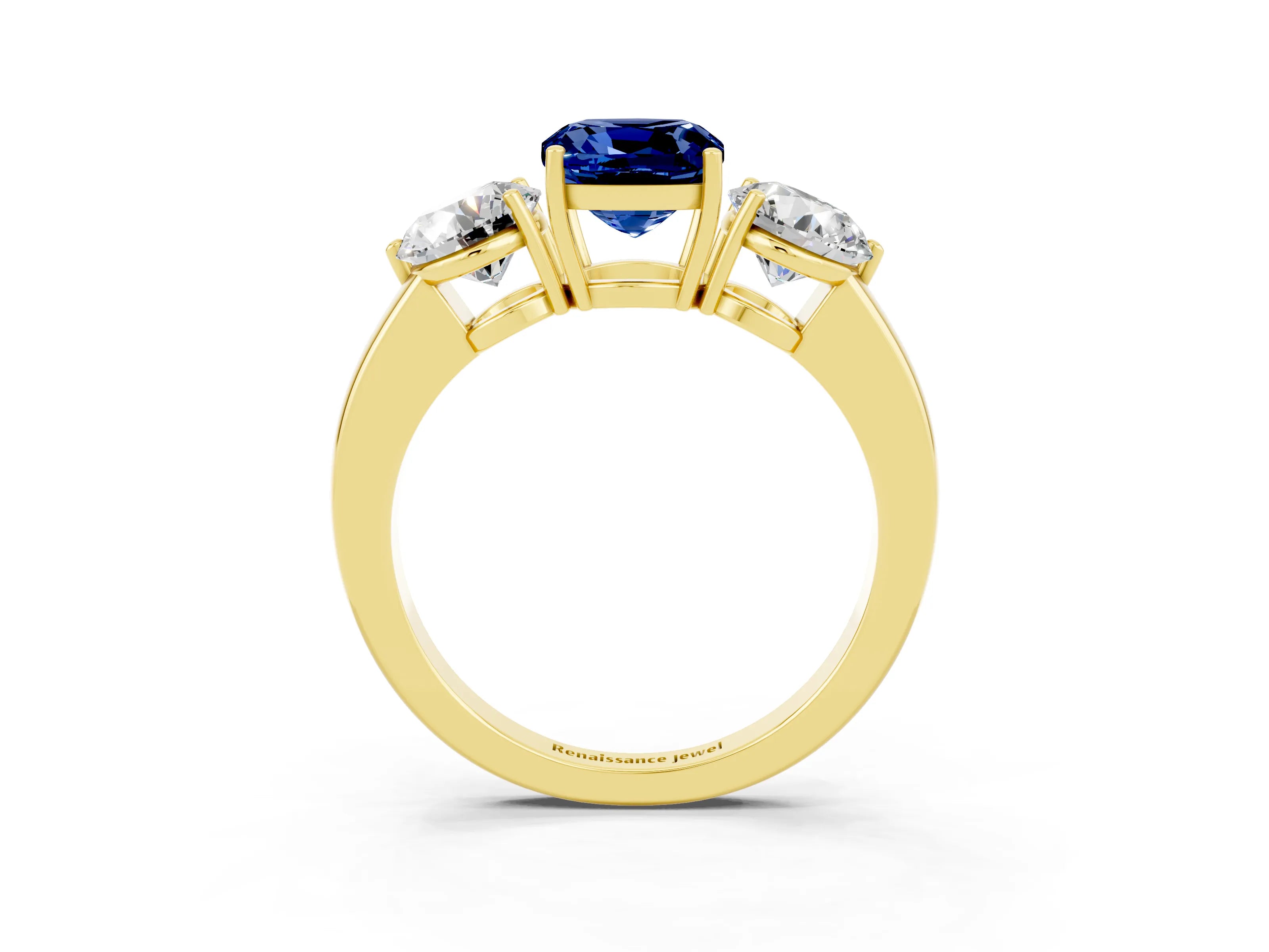 Yellow gold Cushion Cut Blue Sapphire Three-Stone Ring with Prong Setting and Classic Band_3