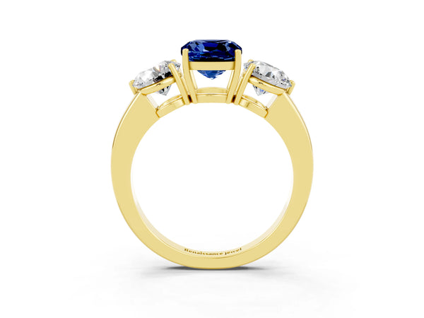 Yellow gold Cushion Cut Blue Sapphire Three-Stone Ring with Prong Setting and Classic Band