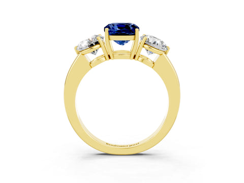 Yellow gold Cushion Cut Blue Sapphire Three-Stone Ring with Prong Setting and Classic Band_3