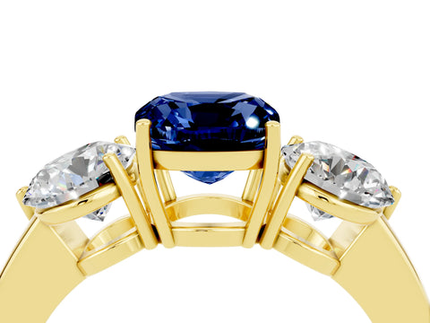 Yellow gold Cushion Cut Blue Sapphire Three-Stone Ring with Prong Setting and Classic Band_4