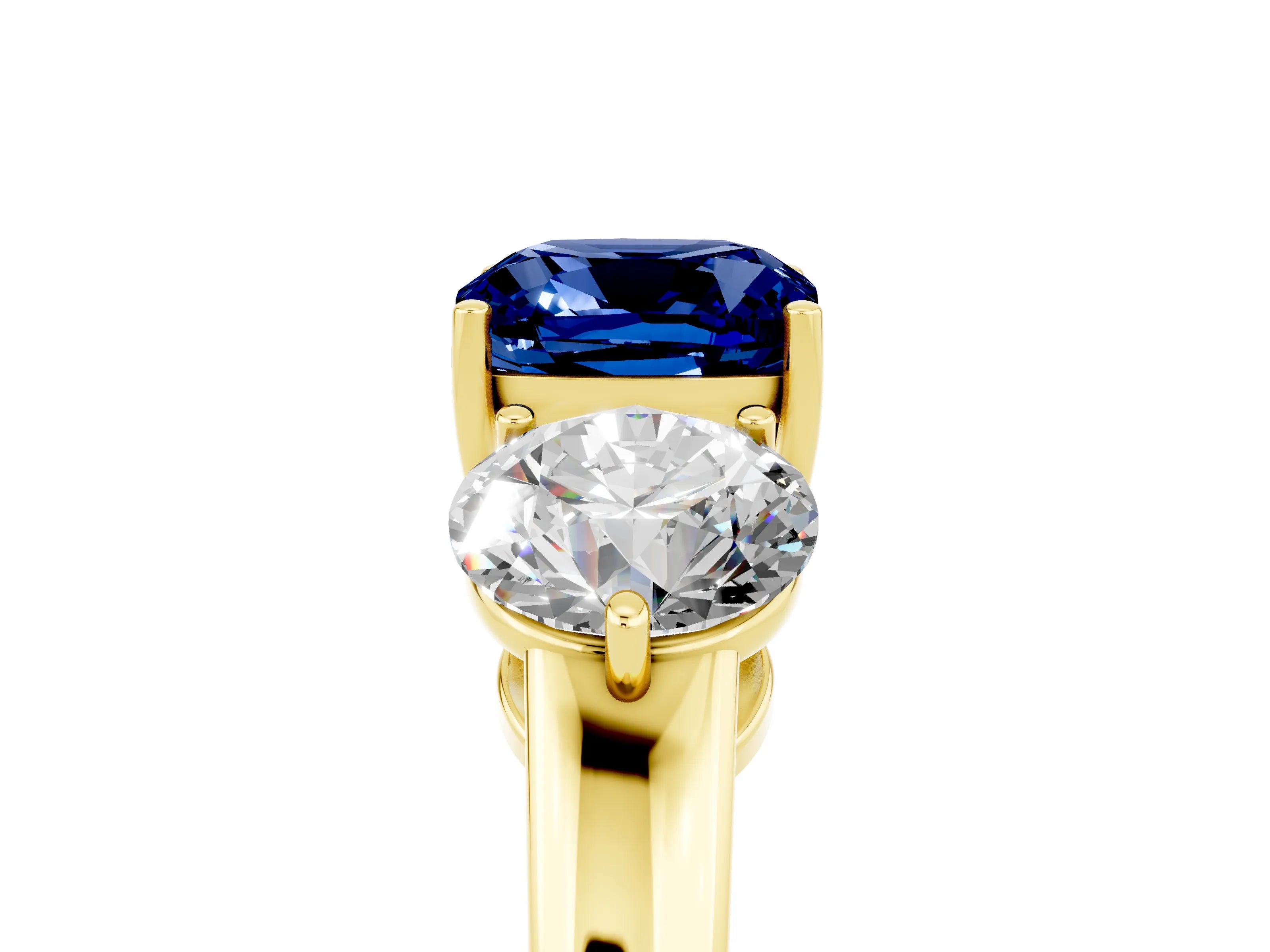 Yellow gold Cushion Cut Blue Sapphire Three-Stone Ring with Prong Setting and Classic Band_5