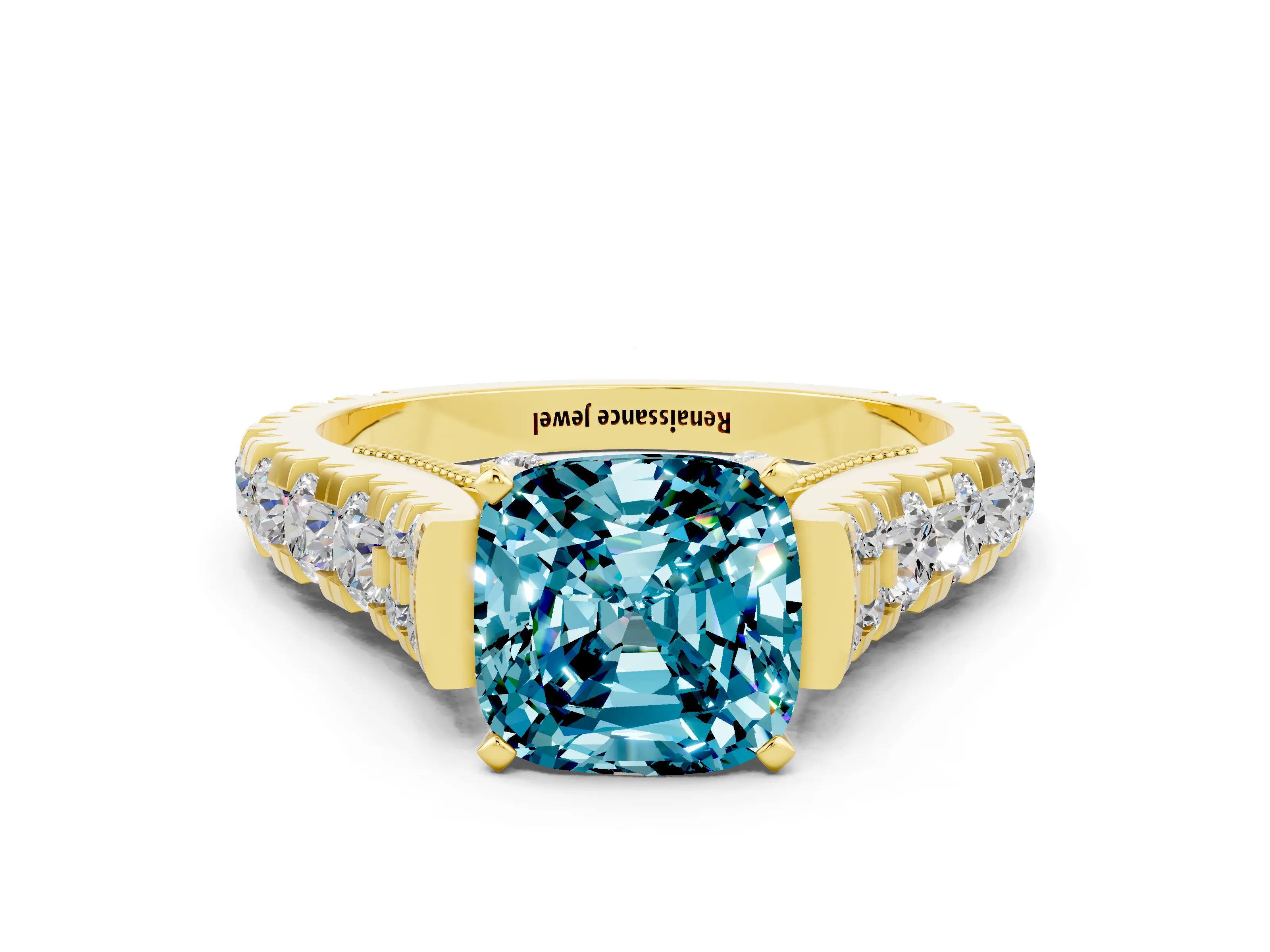 Yellow gold Cushion Cut Blue Topaz Classic Solitaire Ring with Pavé Band and Four-Prong Setting