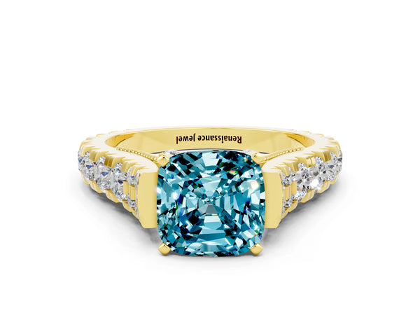 Yellow gold Cushion Cut Blue Topaz Classic Solitaire Ring with Pavé Band and Four-Prong Setting
