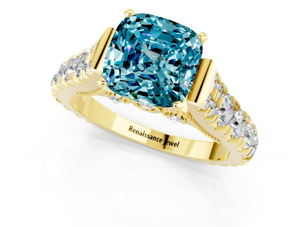 Yellow gold Cushion Cut Blue Topaz Classic Solitaire Ring with Pavé Band and Four-Prong Setting