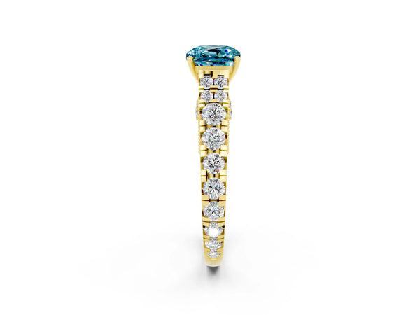 Yellow gold Cushion Cut Blue Topaz Classic Solitaire Ring with Pavé Band and Four-Prong Setting