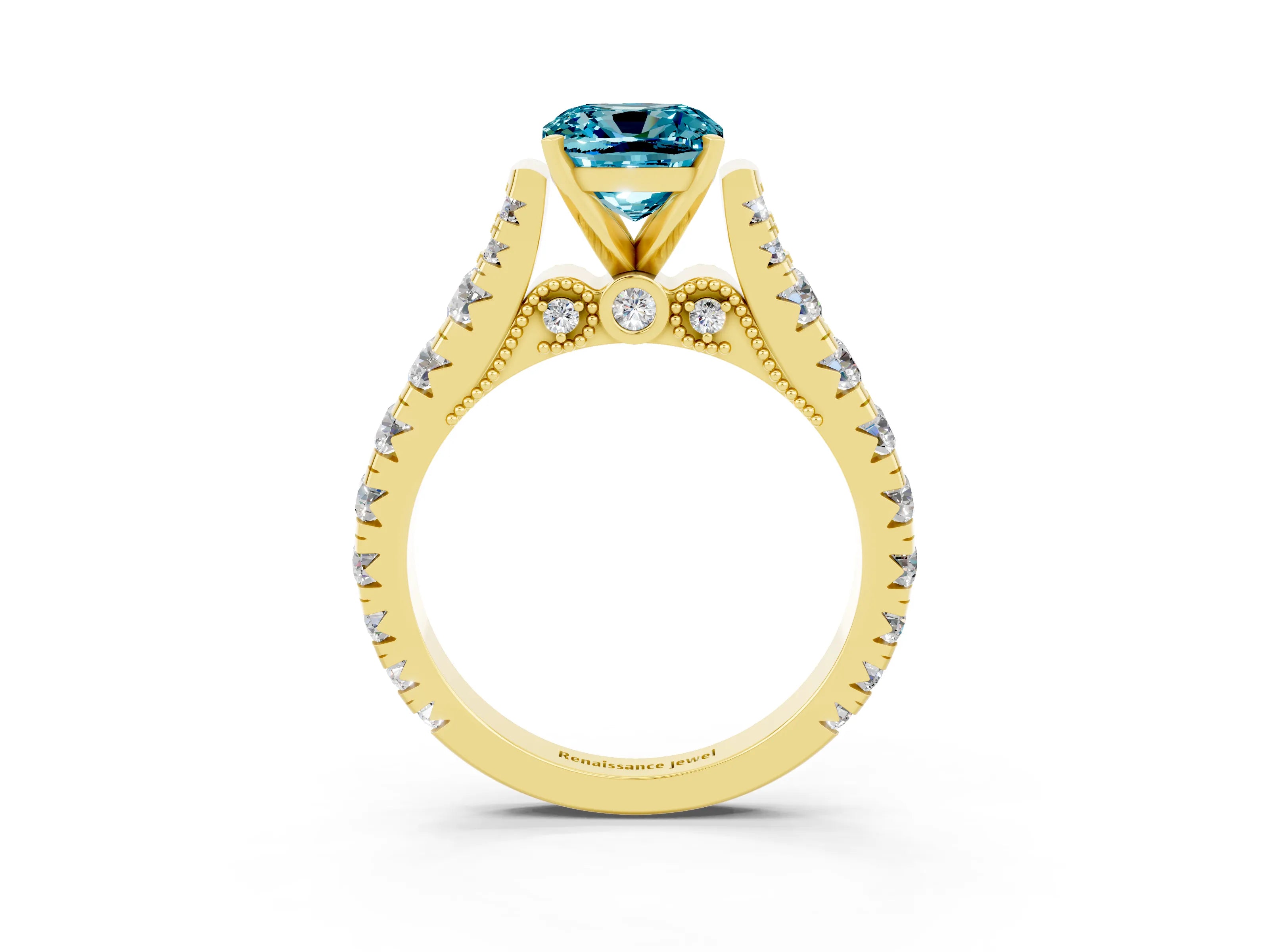 Yellow gold Cushion Cut Blue Topaz Classic Solitaire Ring with Pavé Band and Four-Prong Setting_3