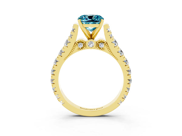 Yellow gold Cushion Cut Blue Topaz Classic Solitaire Ring with Pavé Band and Four-Prong Setting