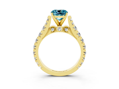 Yellow gold Cushion Cut Blue Topaz Classic Solitaire Ring with Pavé Band and Four-Prong Setting_3