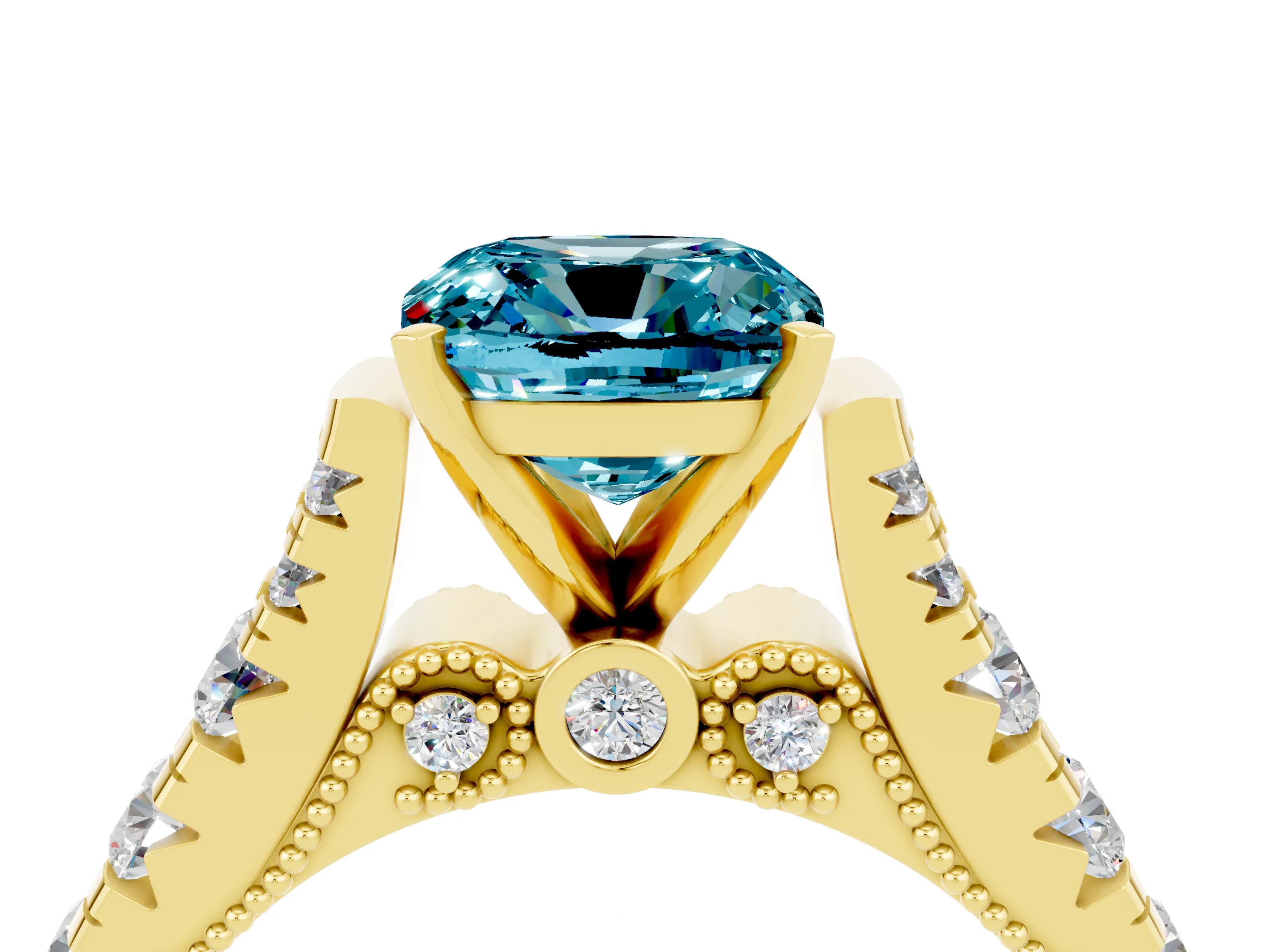 Yellow gold Cushion Cut Blue Topaz Classic Solitaire Ring with Pavé Band and Four-Prong Setting_4