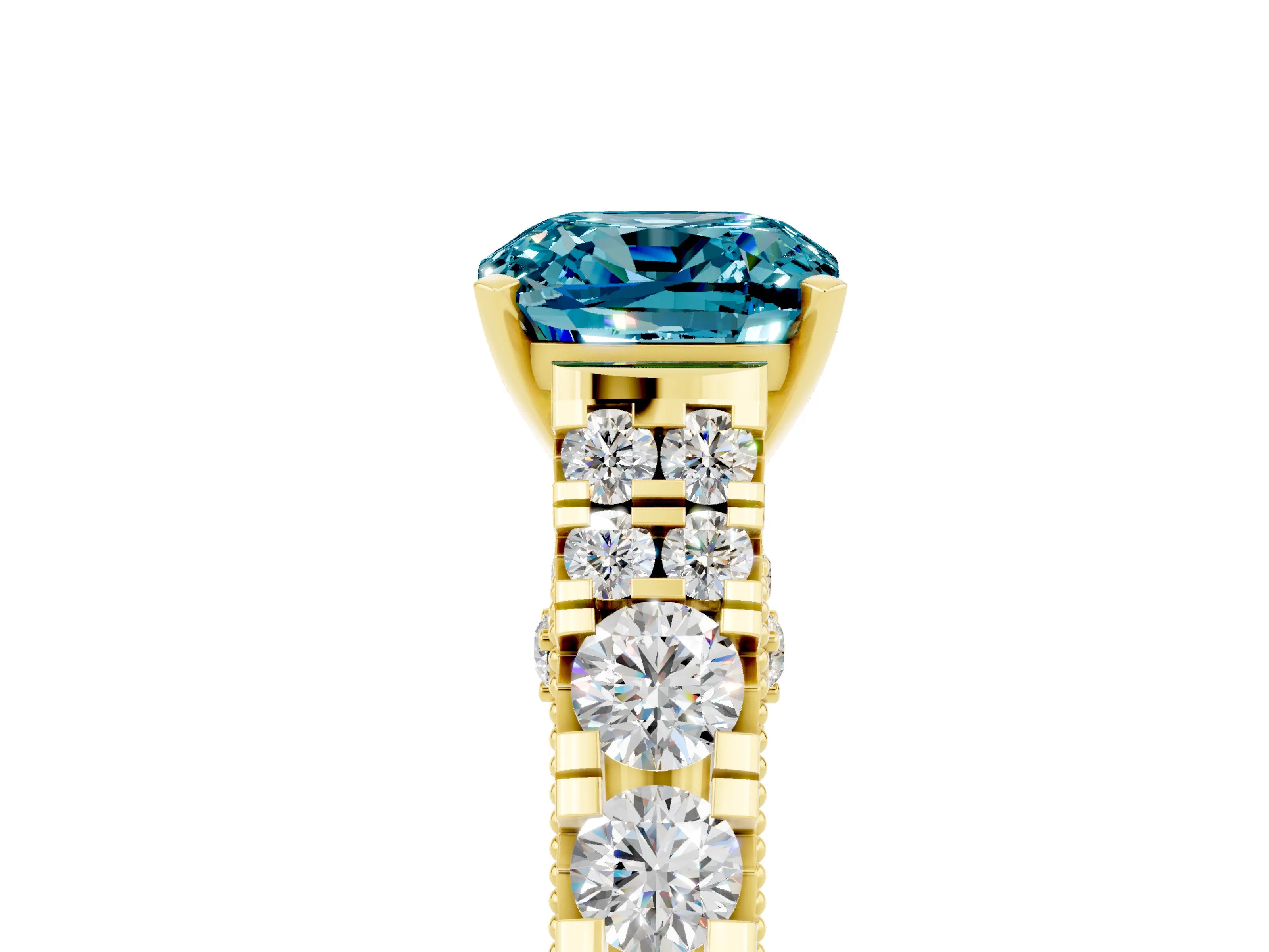 Yellow gold Cushion Cut Blue Topaz Classic Solitaire Ring with Pavé Band and Four-Prong Setting_5