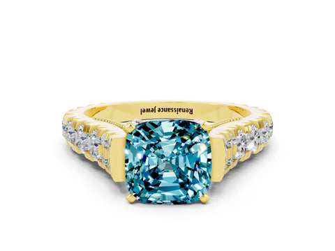 Yellow gold Cushion Cut Blue Topaz Classic Solitaire Ring with Pavé Band and Four-Prong Setting